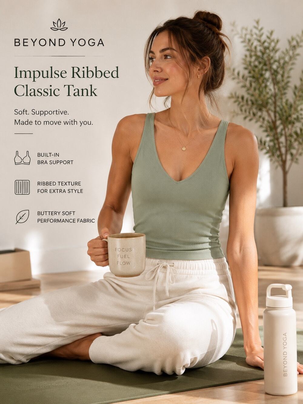 Beyond Yoga Impulse Ribbed Classic Tank Built In Bra Green Sage XL NWT